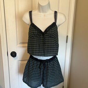 Pretty Garbage PJs Lace-Trim Plaid Cami Short Sleep Set Pajamas Blue Green Small